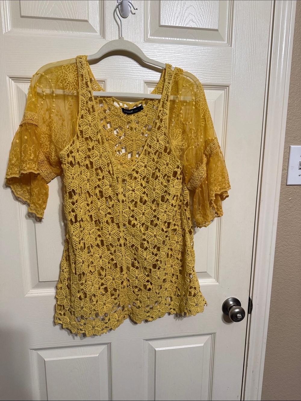 Lace Crochet V-Neck Women's Top in Mustard Yellow